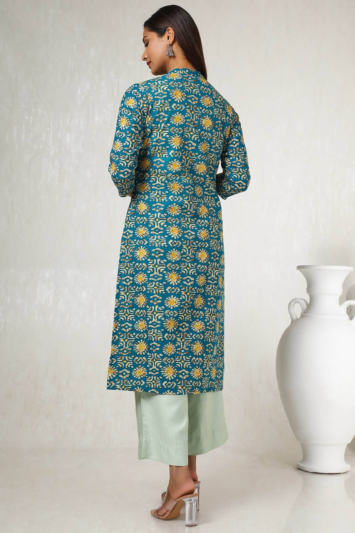 Teal Cotton Blend Abstract Print Kurta - Image 5