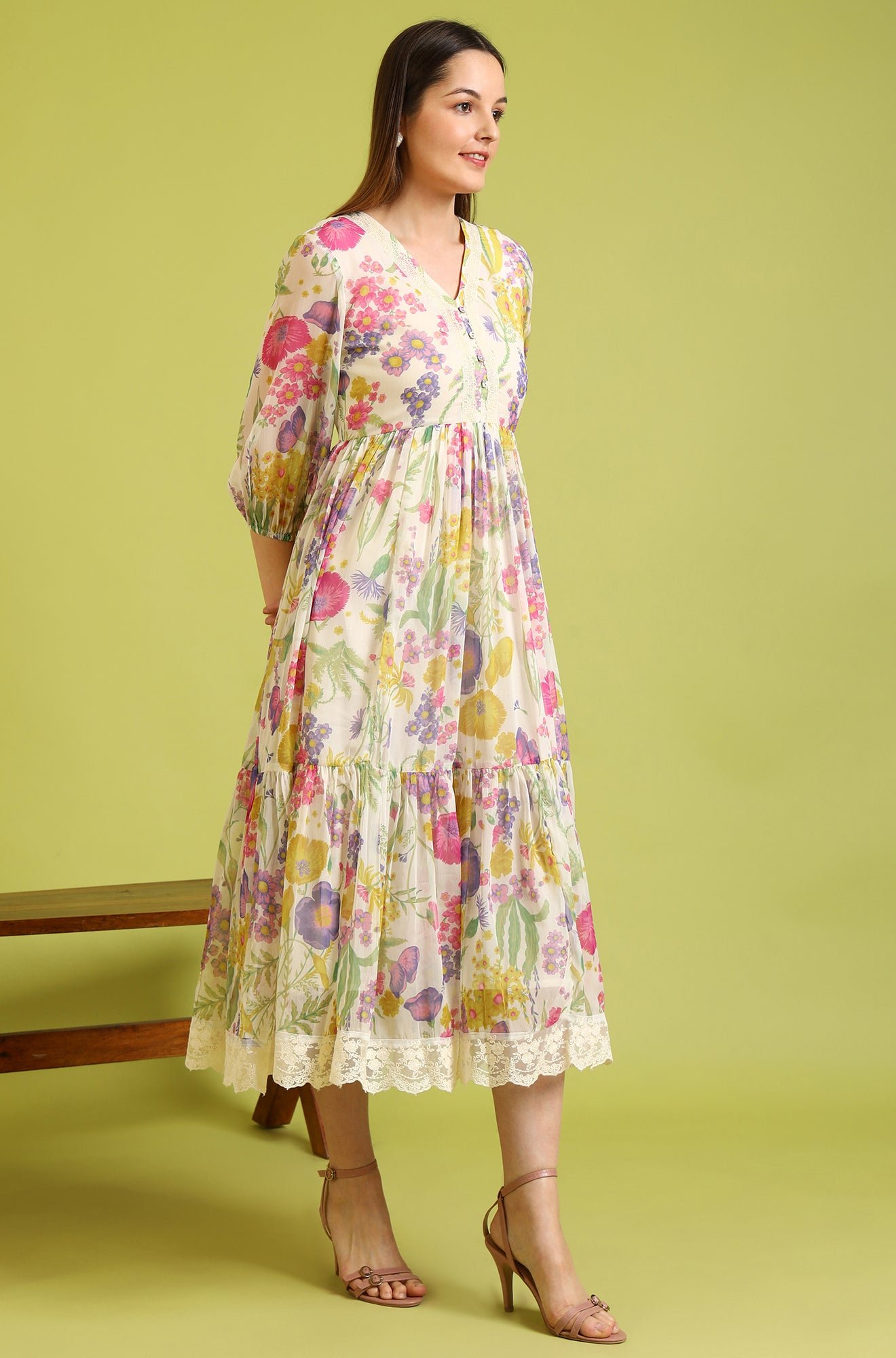 Floral Printed Flared Polyester Dress - Image 6