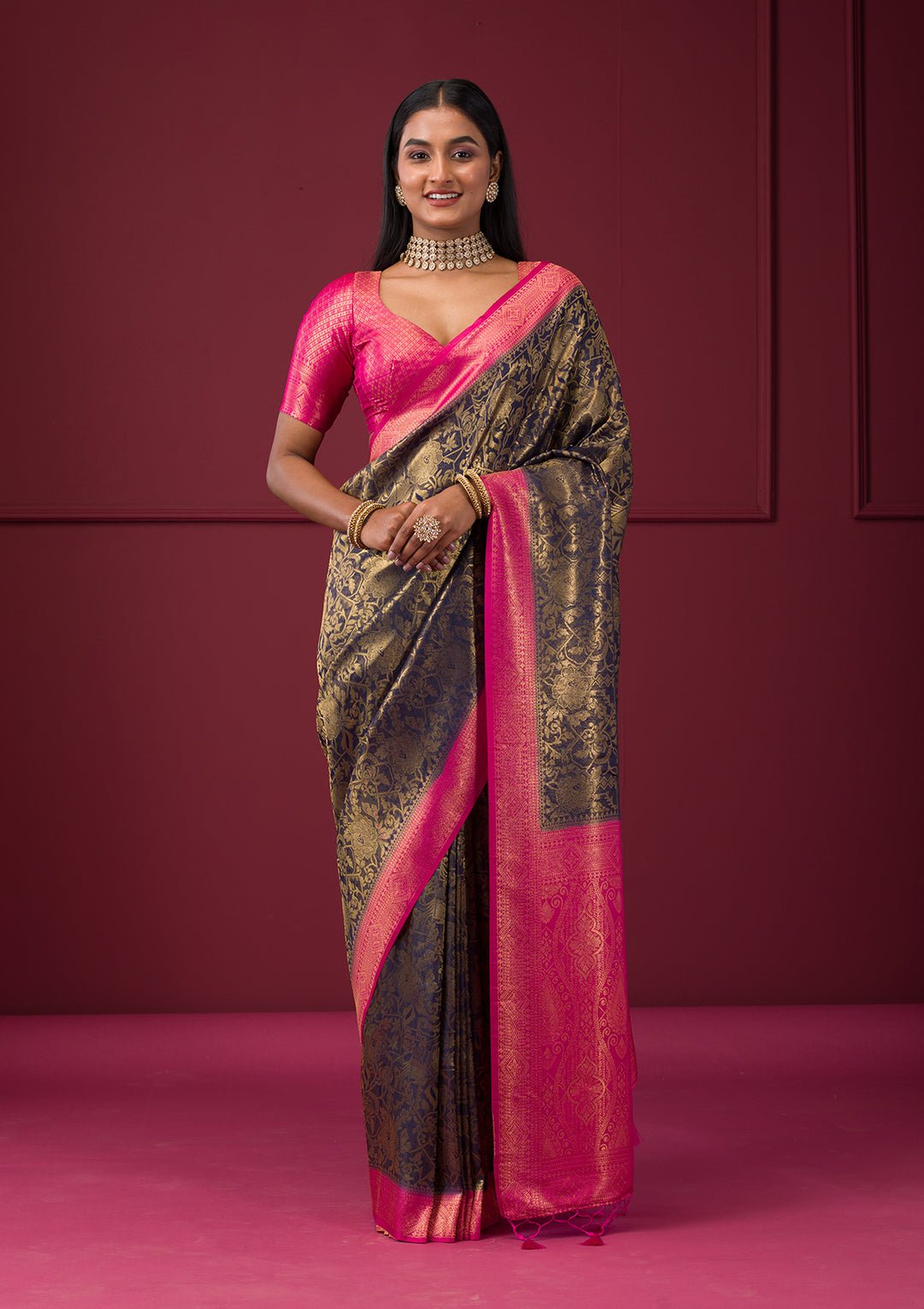 Navy Blue Zariwork Soft Silk Saree - Image 6