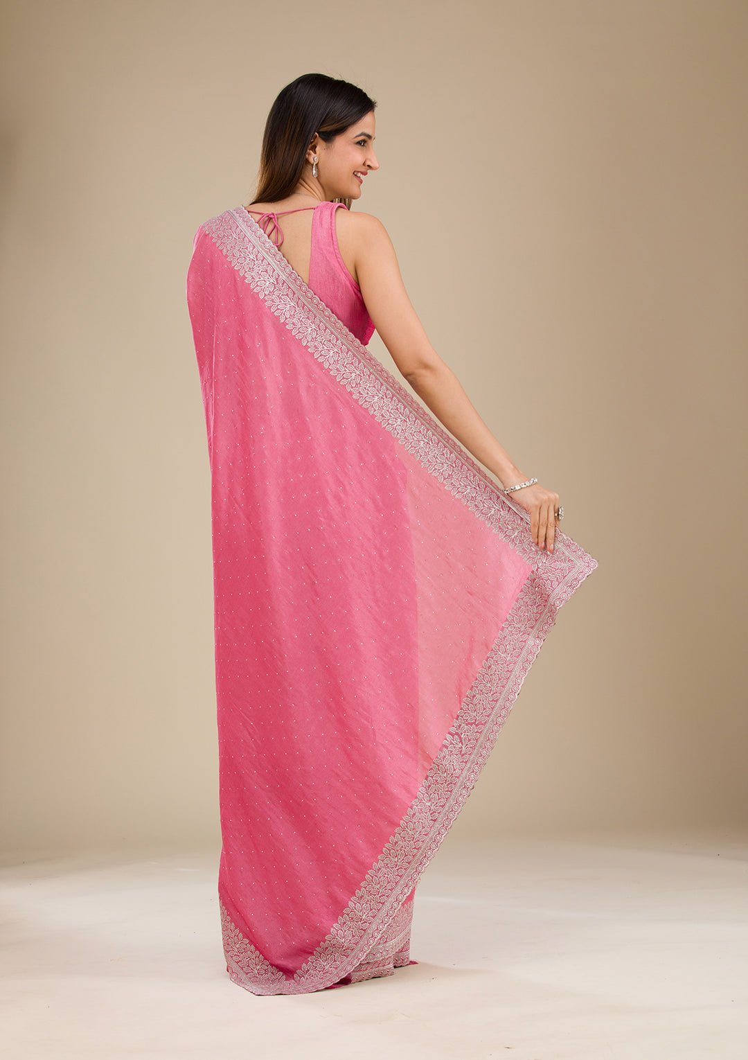 Onion Pink Zariwork Soft Silk Saree - Image 5