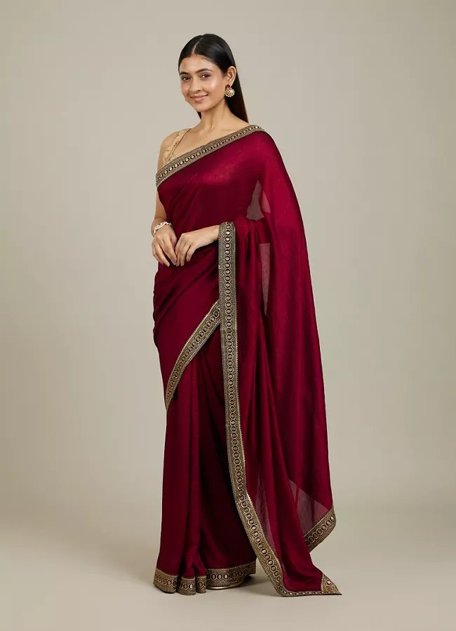 Rose Red Embroidered Border Saree